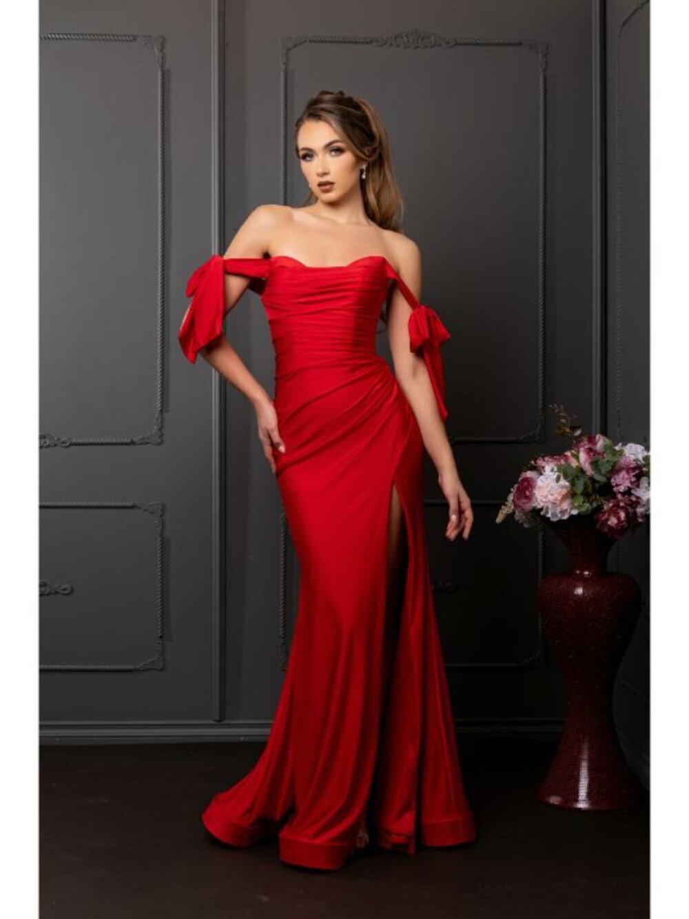 Red Gala Long Cowl Neck Off The Shoulder Trumpet Dress By May Queen MQ1858